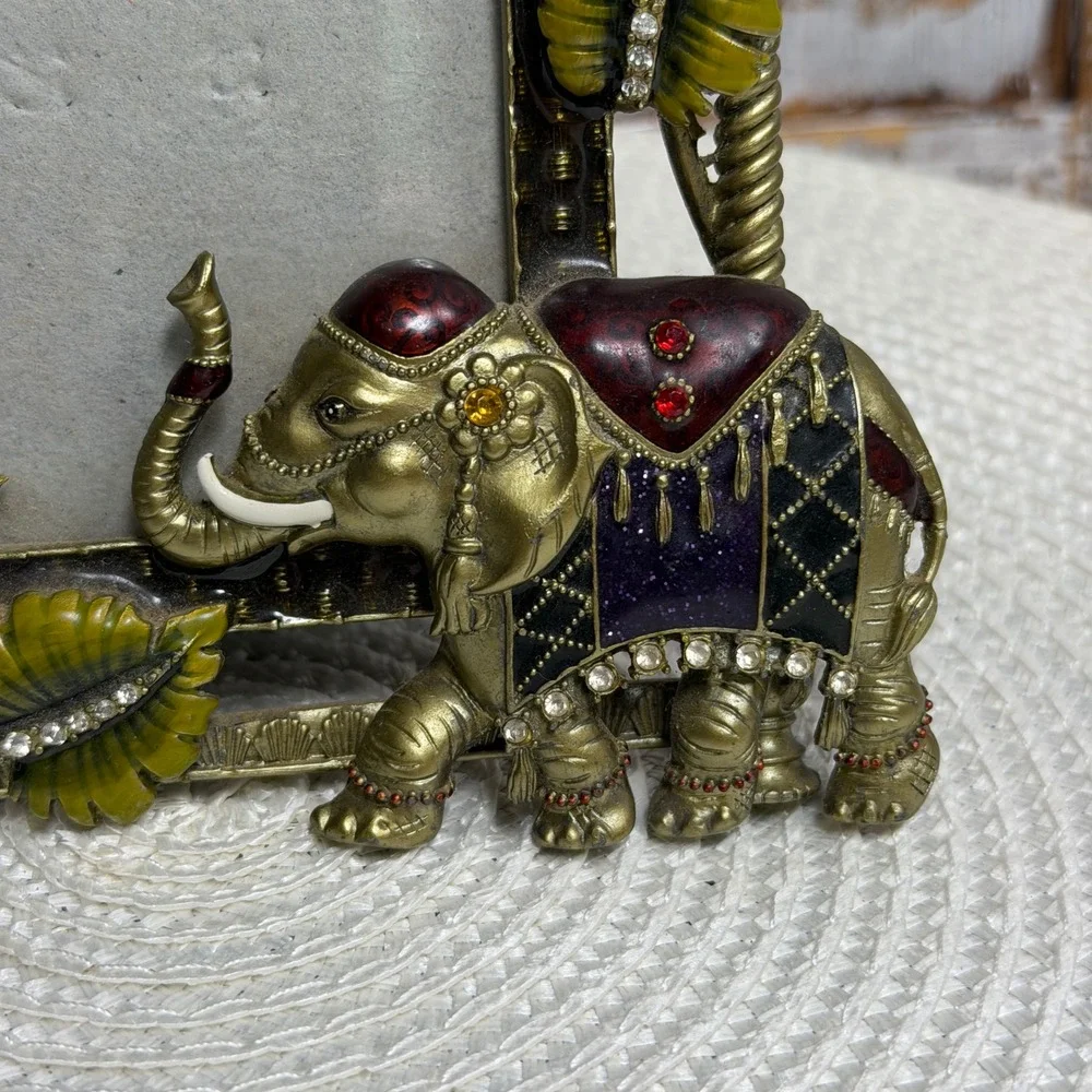 Ornate Gold Tone Elephant Enamel Rhinestone 3x3 Picture Frame Tropical Leaf Boho